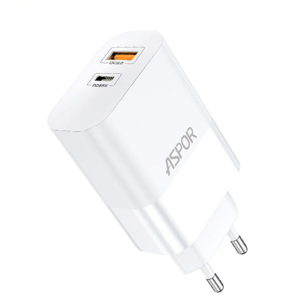 Aspor A851 Gan Charger 65W QC3.0 Wall Charger Multi Port USB Adapter