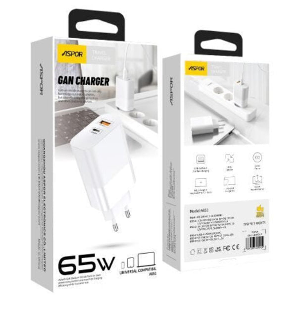Aspor A851 Gan Charger 65W QC3.0 Wall Charger Multi Port USB Adapter